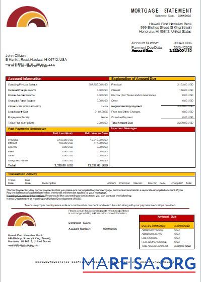 Downloadable Hawaii First Hawaiian Bank mortgage statement scr real example